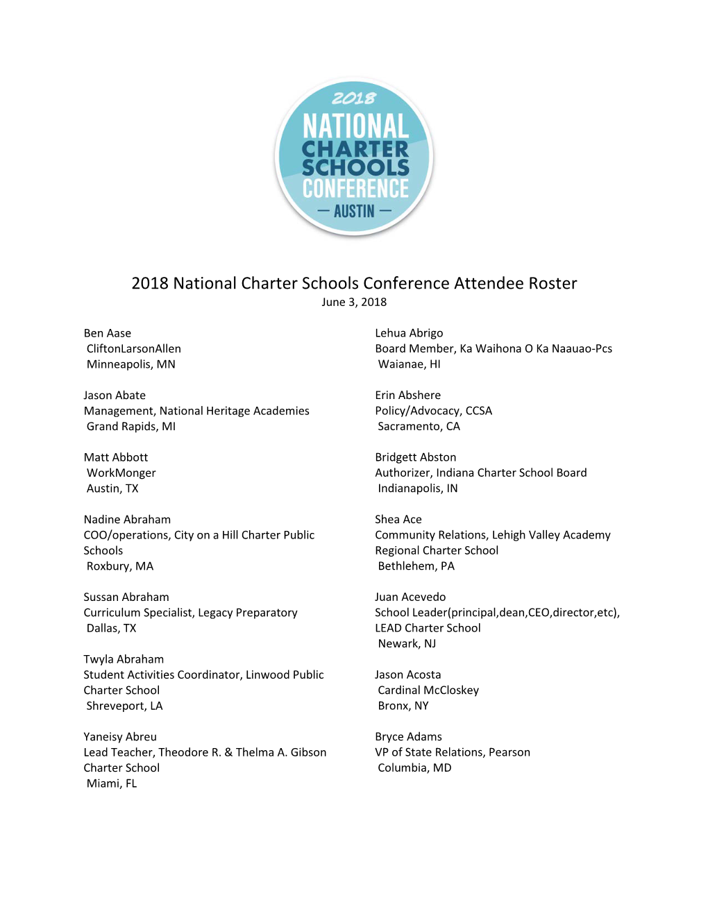 2018 National Charter Schools Conference Attendee Roster June 3, 2018