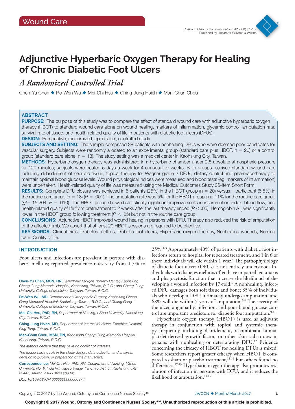 Adjunctive Hyperbaric Oxygen Therapy for Healing of Chronic