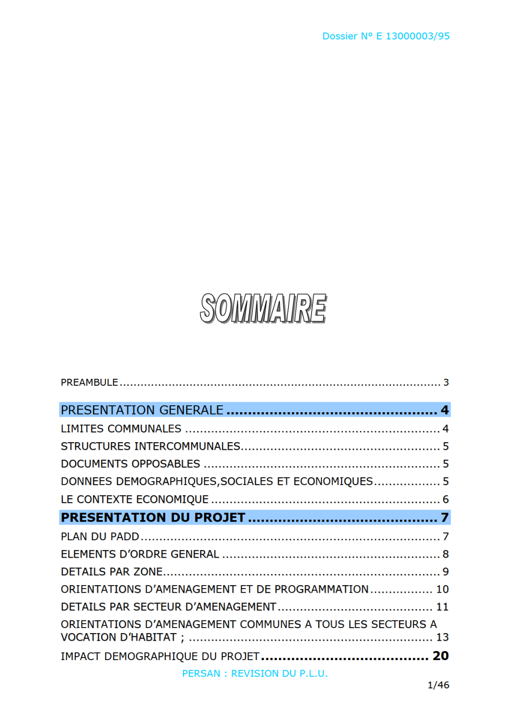 Dossier N° E 13000003/95 PERSAN : REVISION DU