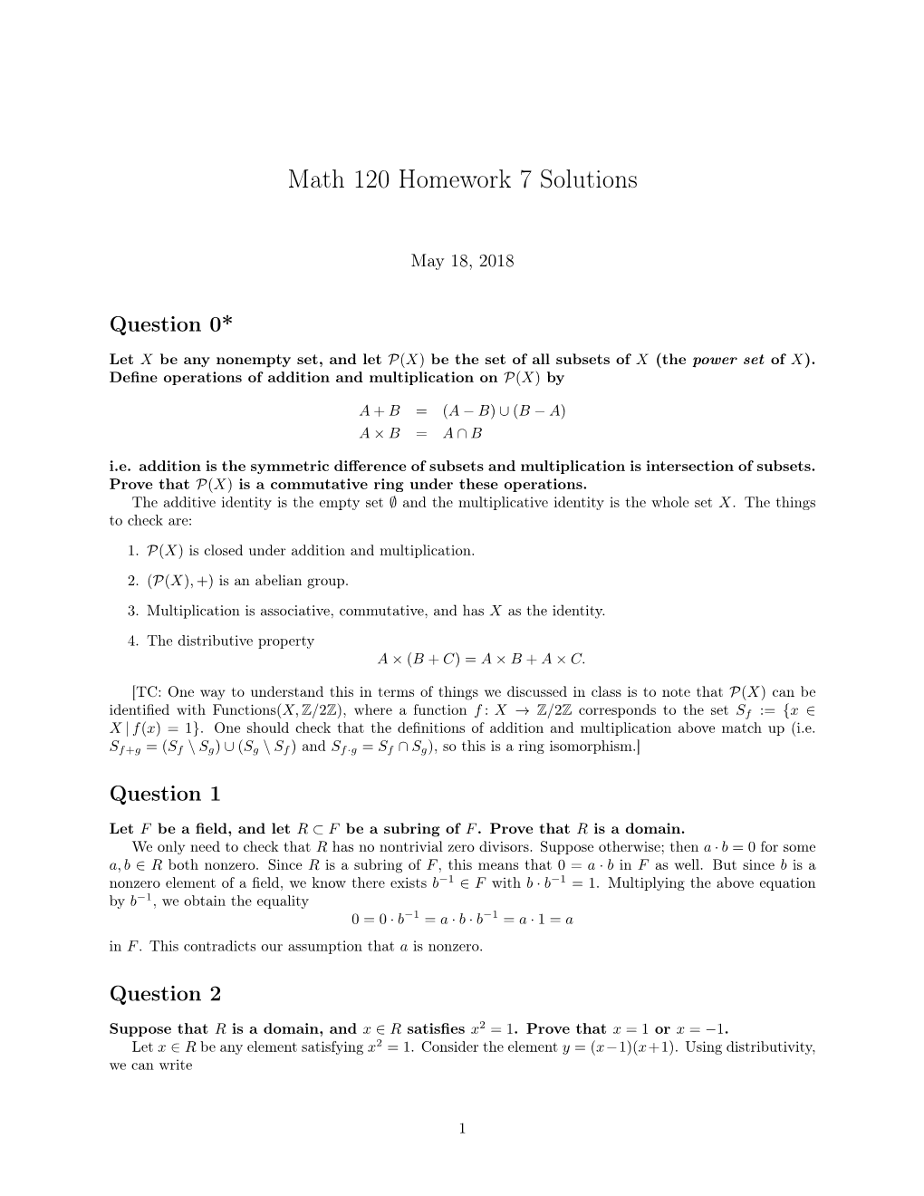 Math 120 Homework 7 Solutions