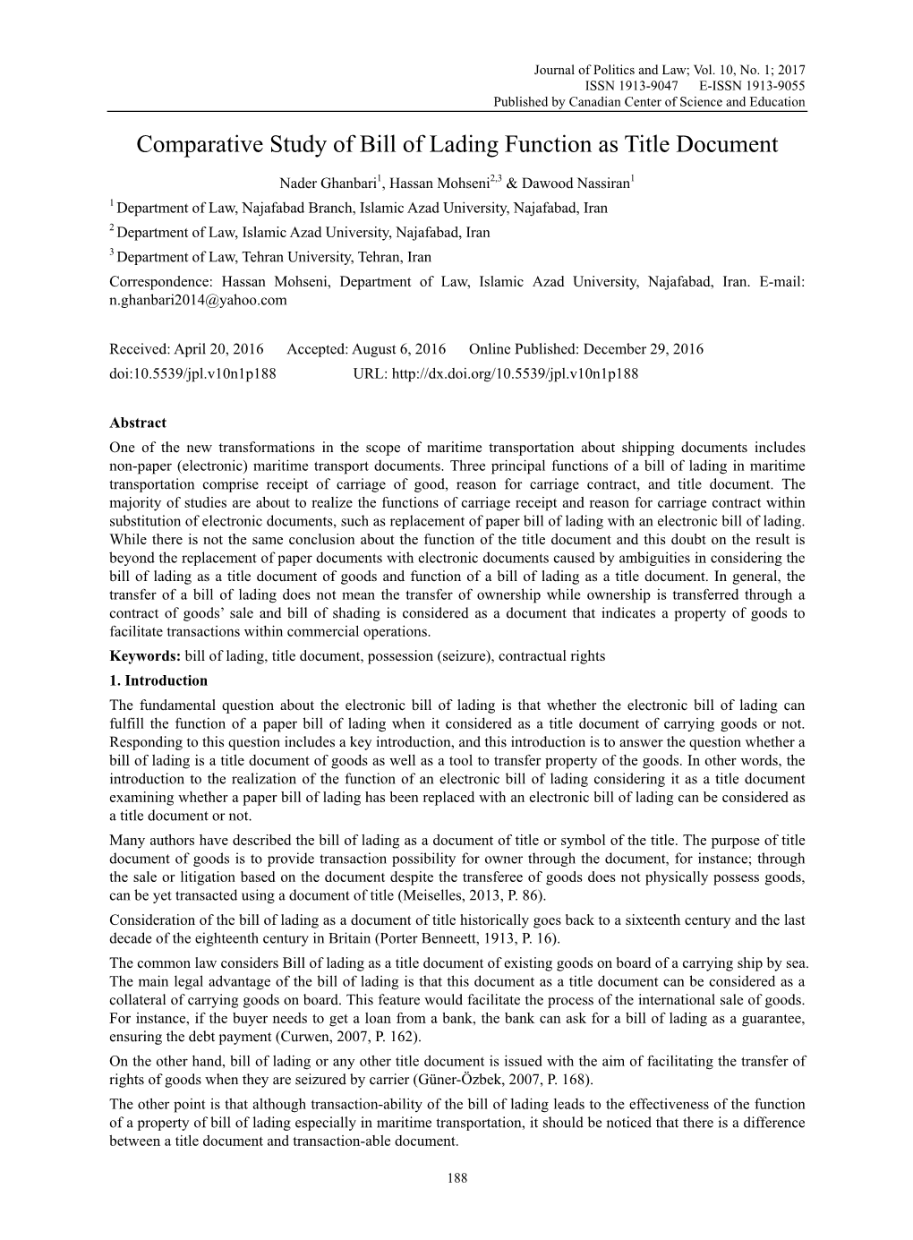 Comparative Study of Bill of Lading Function As Title Document