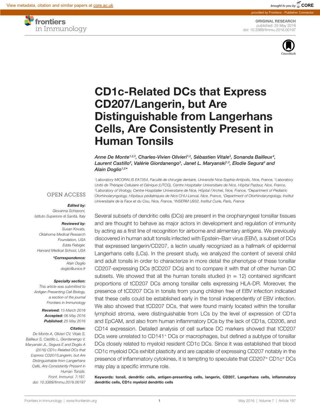 Cd1c-Related Dcs That Express Cd207/Langerin, but Are Distinguishable from Langerhans Cells, Are Consistently Present in Human Tonsils