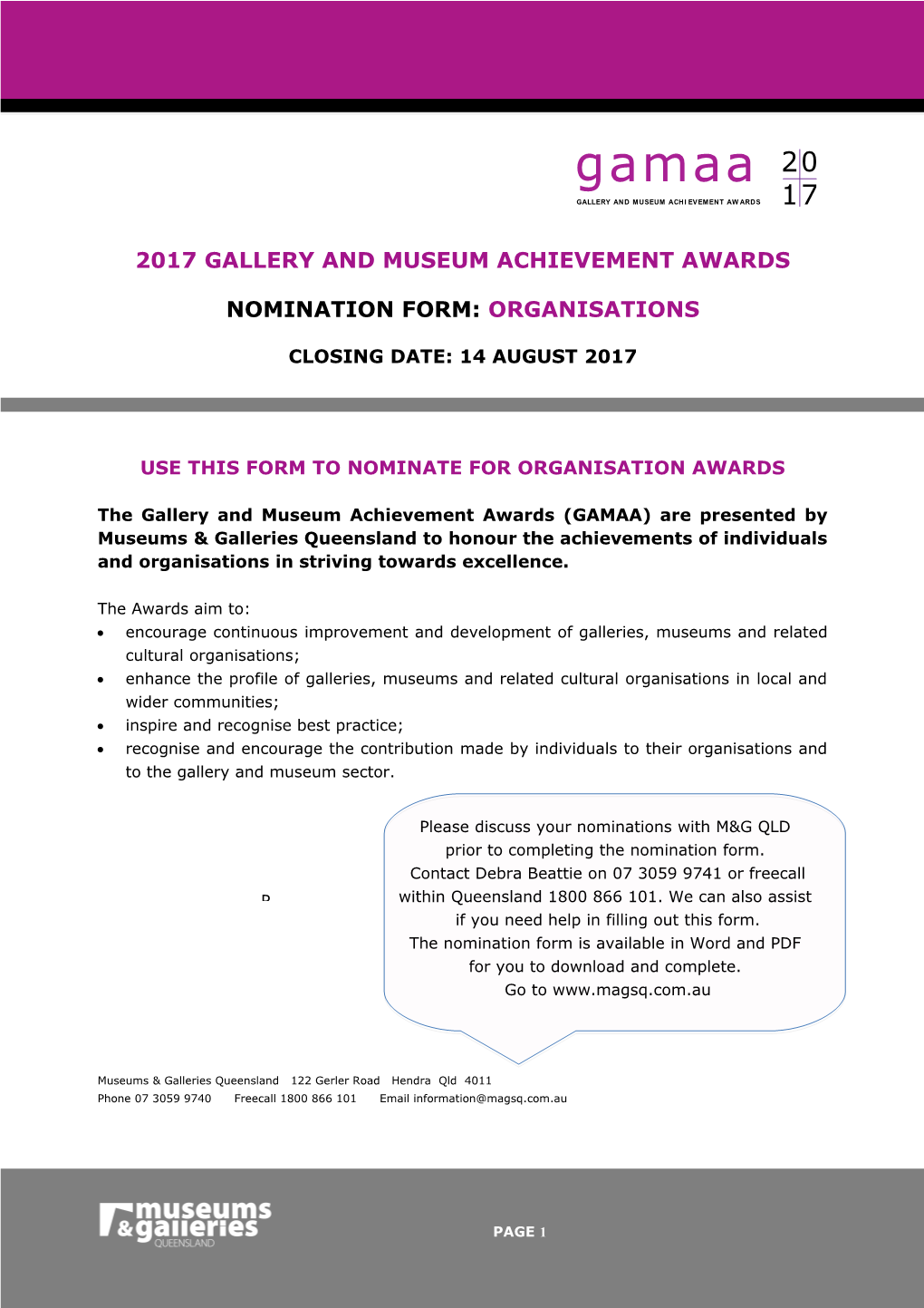 Use This Form to Nominate for Organisation Awards