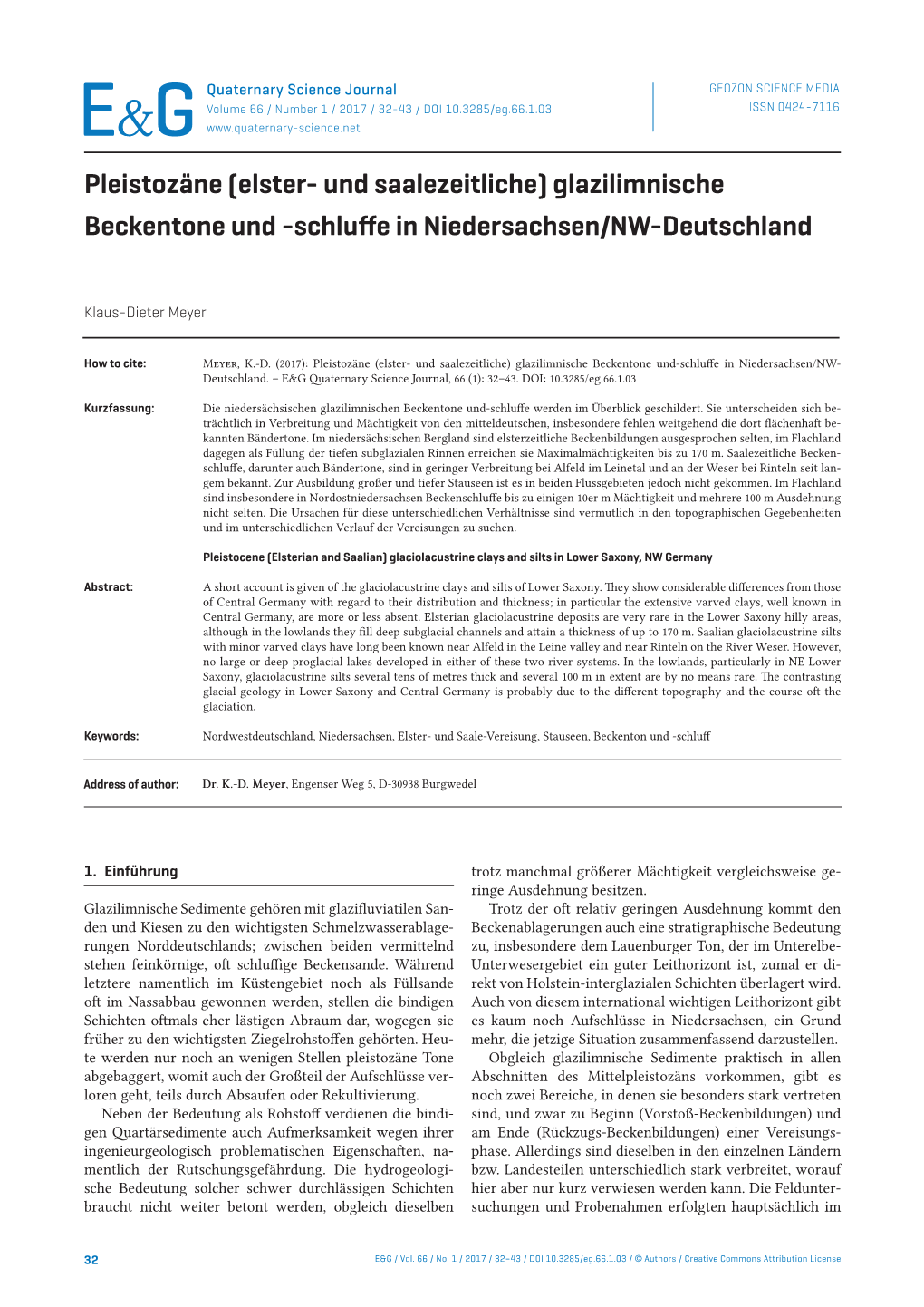 Pleistozäne (Elster- Und Saalezeitliche) Glazilimnische Beckentone Und -Schluffe in Niedersachsen/NW-Deutschland