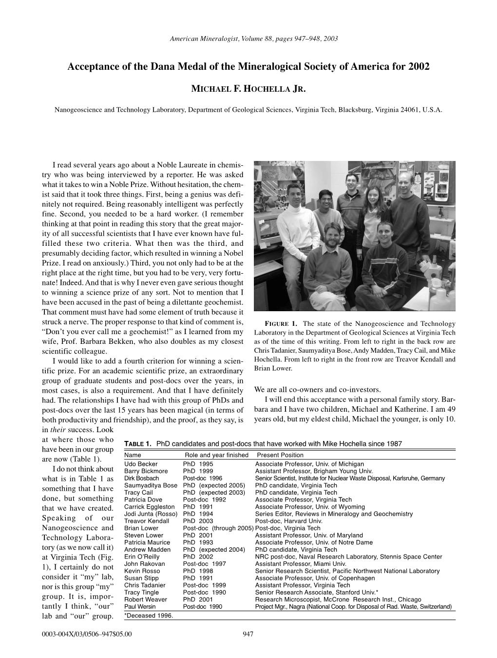 Acceptance of the Dana Medal of the Mineralogical Society of America for 2002