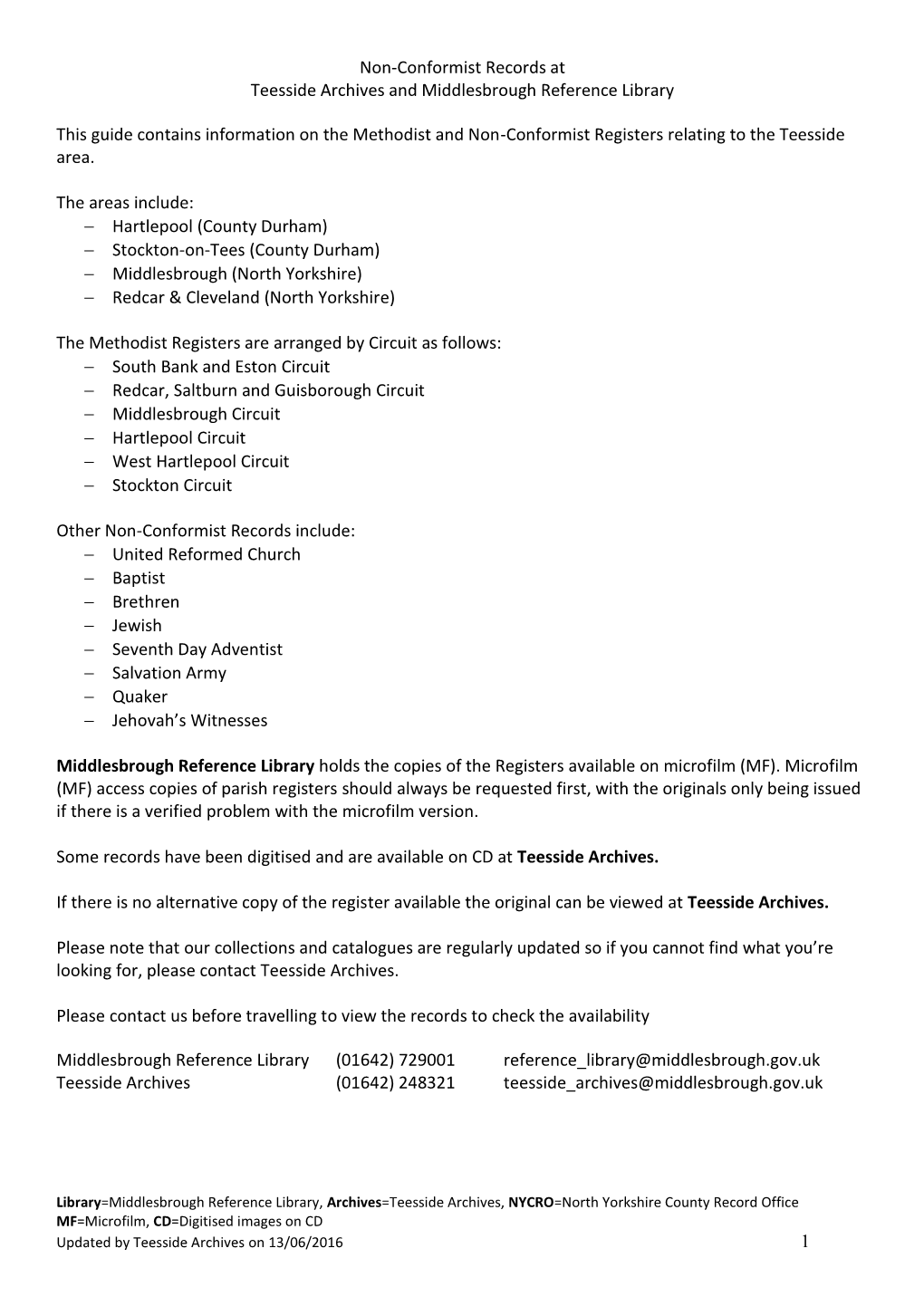 Non-Conformist Records at Teesside Archives and Middlesbrough Reference Library