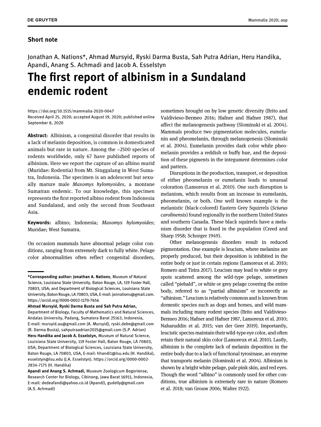The First Report of Albinism in a Sundaland Endemic Rodent