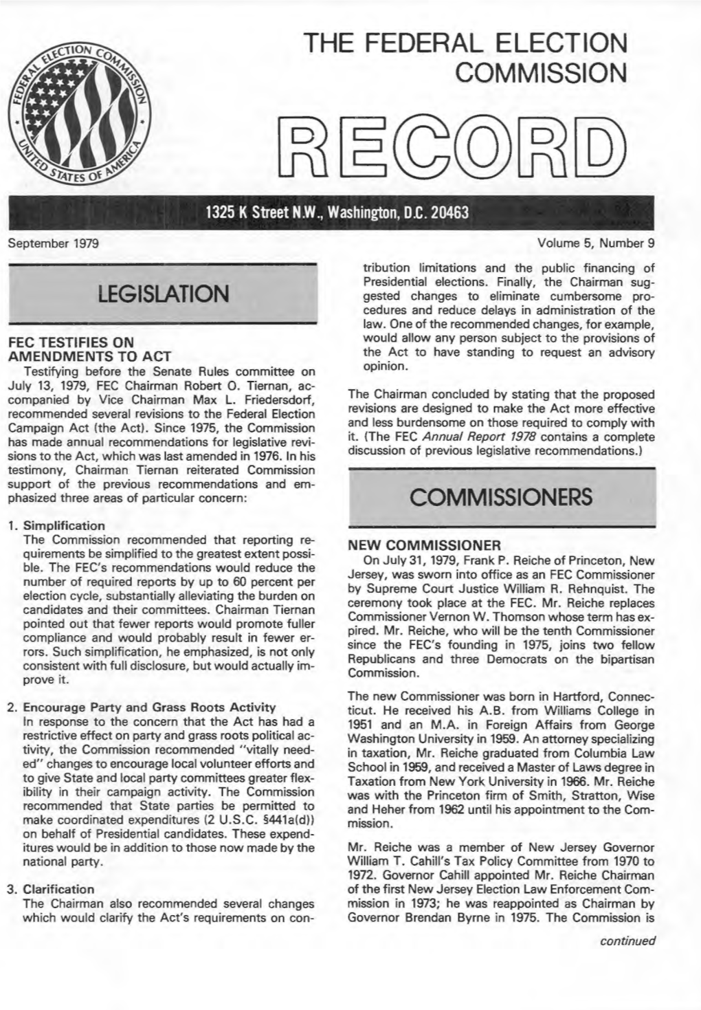September 1979 Volume 5, Number 9 Tribution Limitations and the Public Financing of Presidential Elections