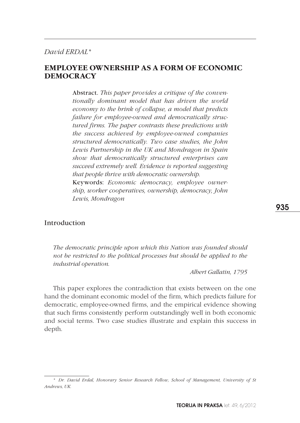 Employee Ownership As a Form of Economic Democracy
