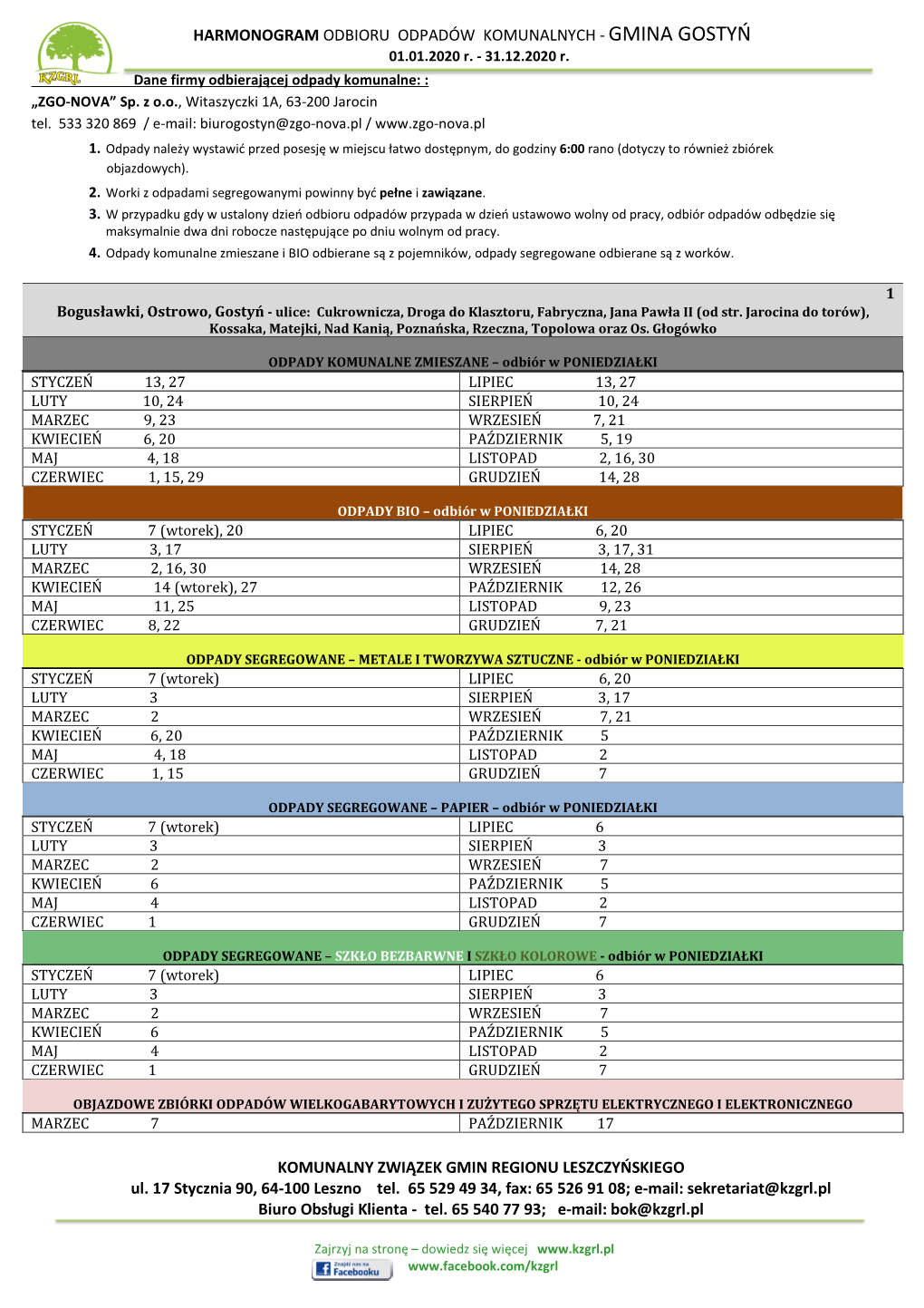 HARMONOGRAM ODBIORU ODPADÓW KOMUNALNYCH - GMINA GOSTYŃ 01.01.2020 R