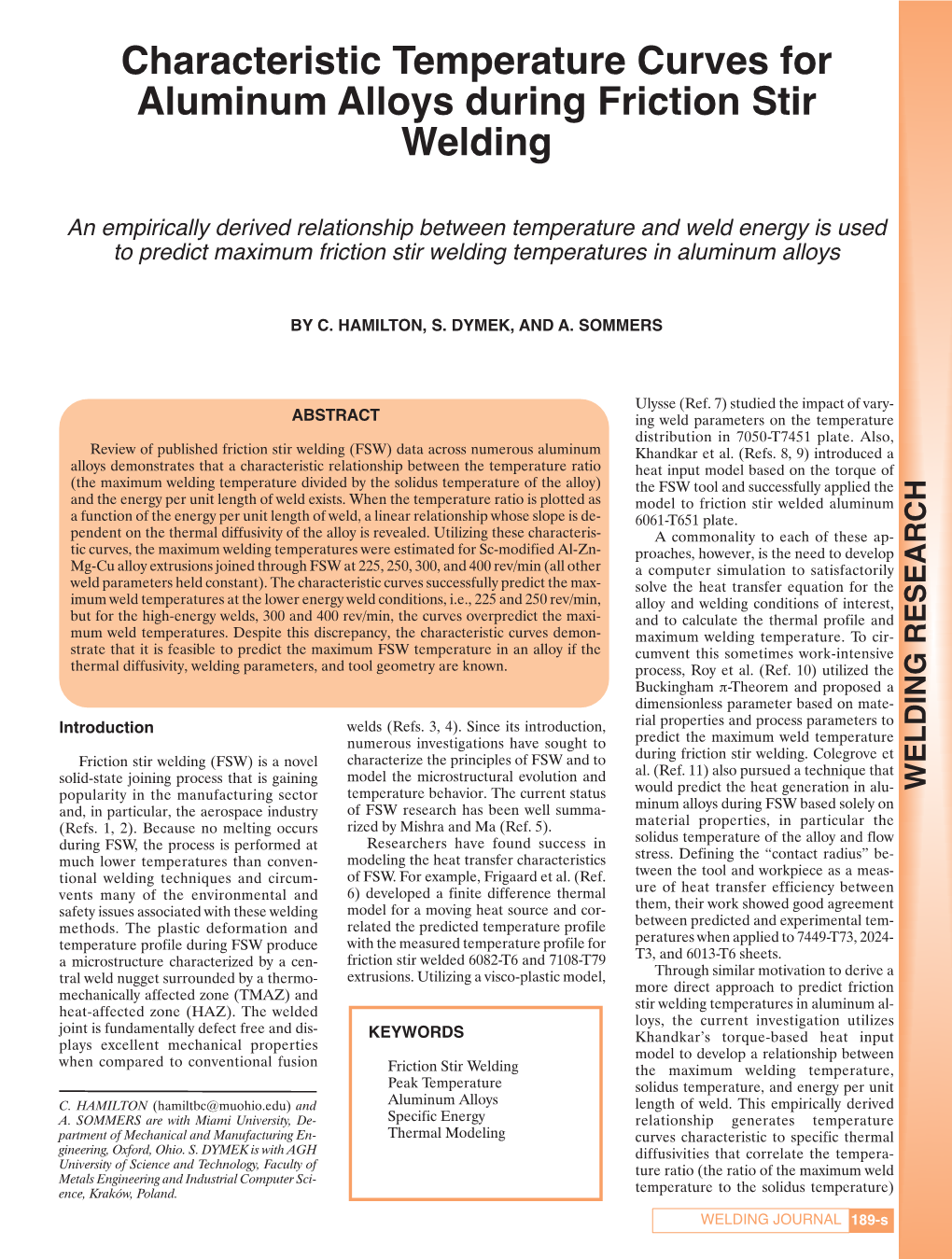 Characteristic Temperature Curves for Aluminum Alloys During Friction Stir Welding