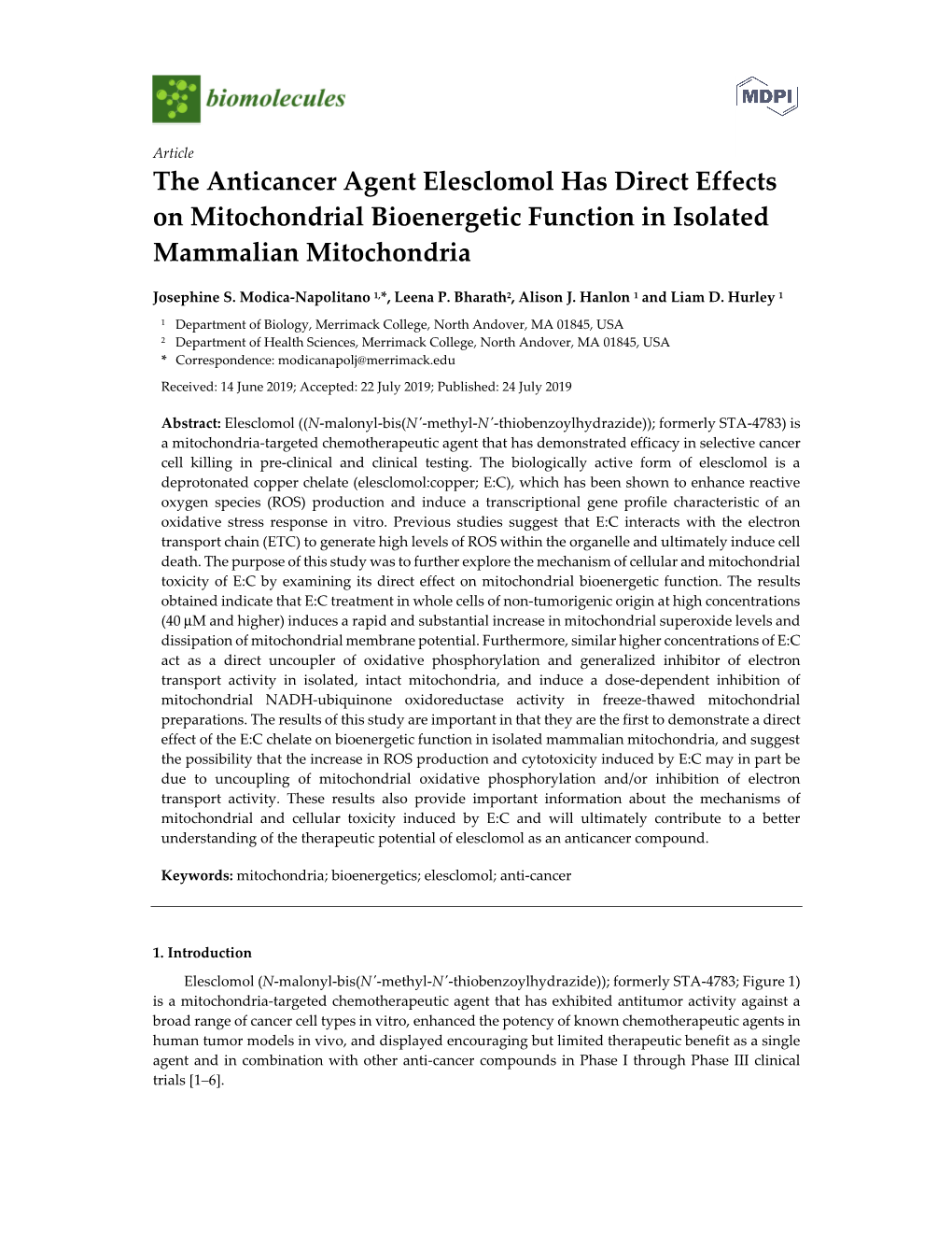 The Anticancer Agent Elesclomol Has Direct Effects on Mitochondrial Bioenergetic Function in Isolated Mammalian Mitochondria