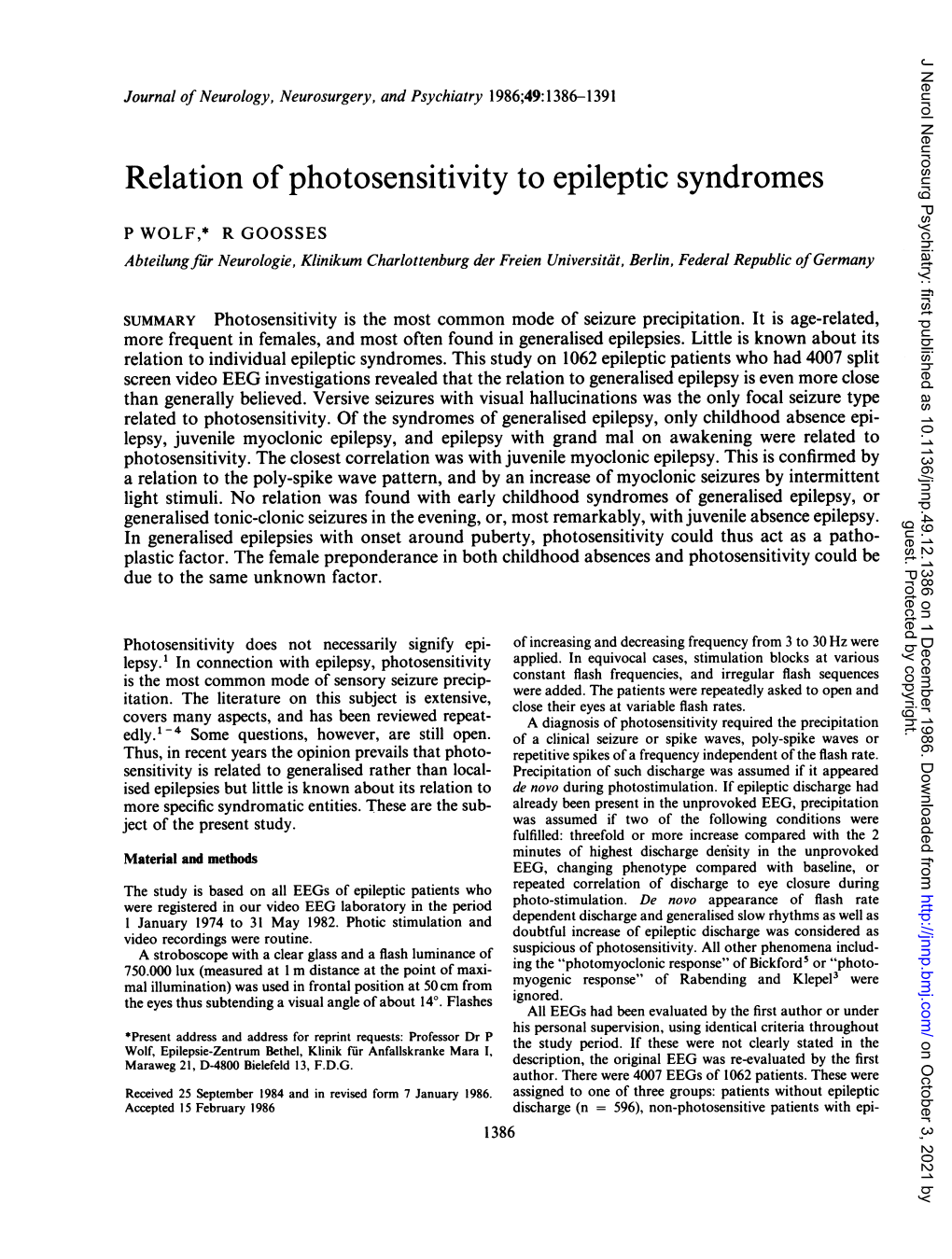 Relation of Photosensitivity to Epileptic Syndromes