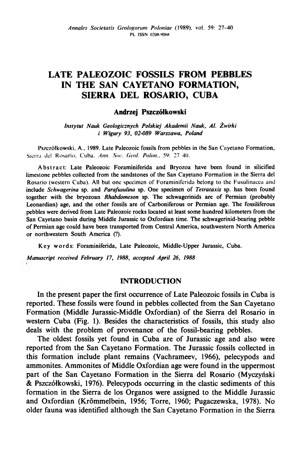 Late Paleozoic Fossils from Pebbles in the San Cayetano Formation, Sierra Del Rosario, Cuba