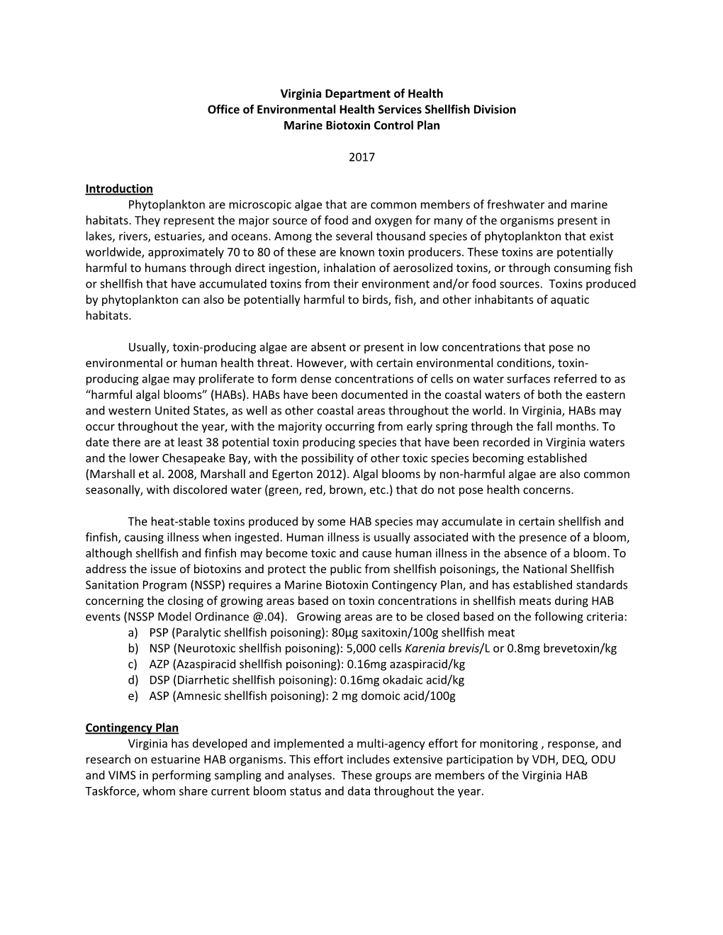 Virginia Department of Health Office of Environmental Health Services Shellfish Division Marine Biotoxin Control Plan 2017 Intr