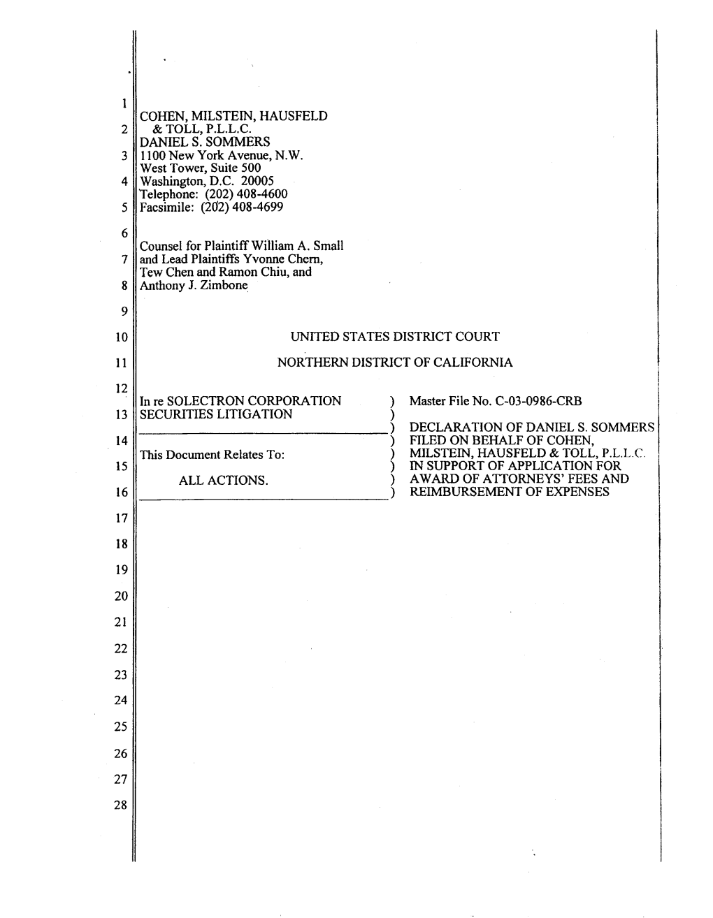 Solectron Corporation Securities Litigation 03-CV-00986-Declaration