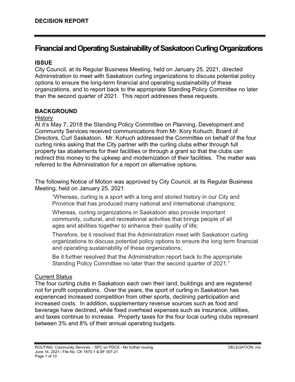 Financial and Operating Sustainability of Saskatoon Curling Organizations