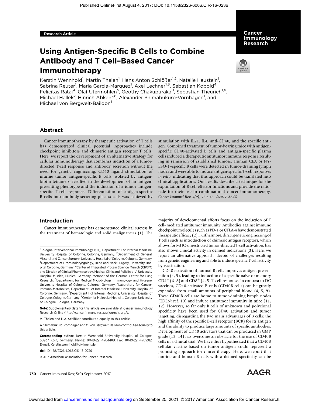 Using Antigen-Specific B Cells to Combine Antibody and T Cell− Based Cancer Immunotherapy