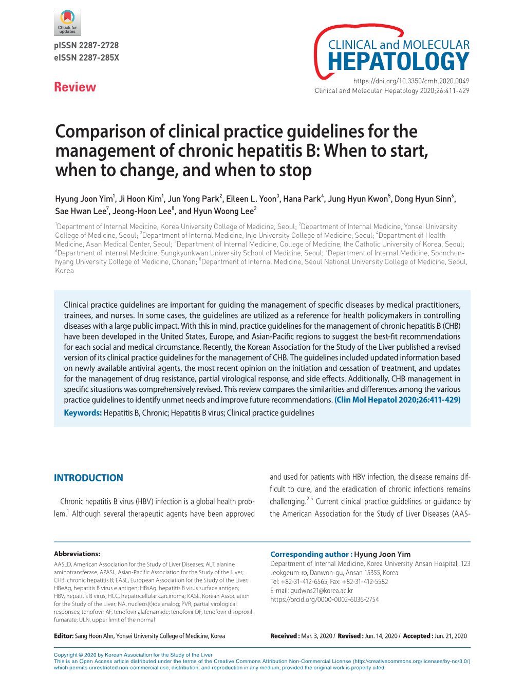 Comparison of Clinical Practice Guidelines for the Management of Chronic Hepatitis B: When to Start, When to Change, and When to Stop