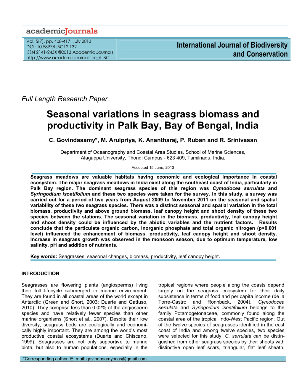 Seasonal Changes in Biomass, Productivity, Standing Crop And