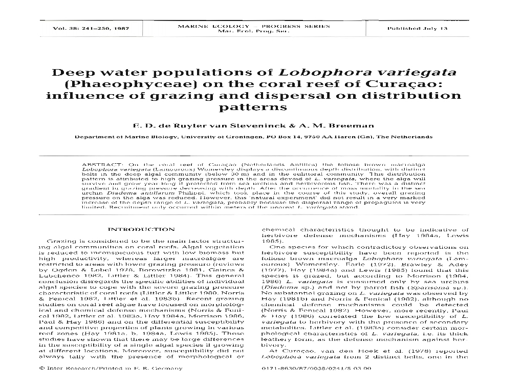 Deep Water Populations of Lobophora Variegata (Phaeophyceae) on the Coral Reef of Curagao: Influence of Grazing and Dispersal on Distribution Patterns
