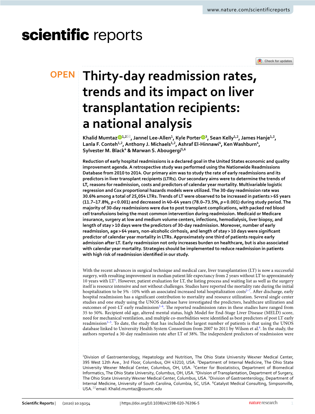 Thirty-Day Readmission Rates, Trends and Its Impact on Liver