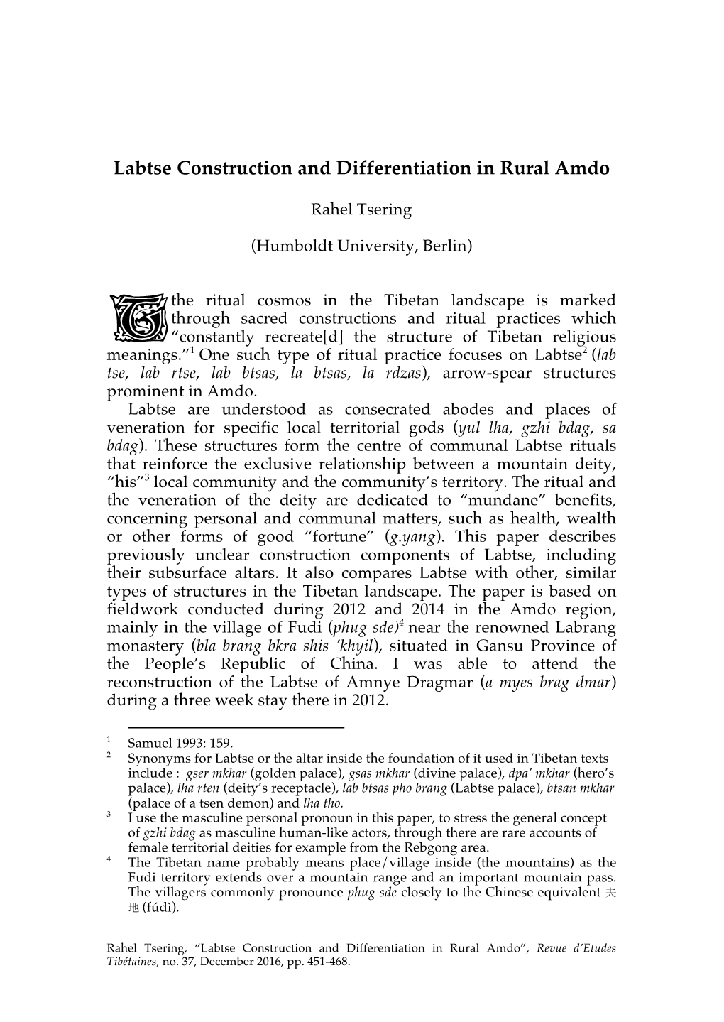 Labtse Construction and Differentiation in Rural Amdo