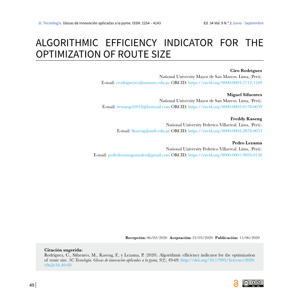 ALGORITHMIC EFFICIENCY INDICATOR for the OPTIMIZATION of ROUTE SIZE Ciro Rodríguez National University Mayor De San Marcos