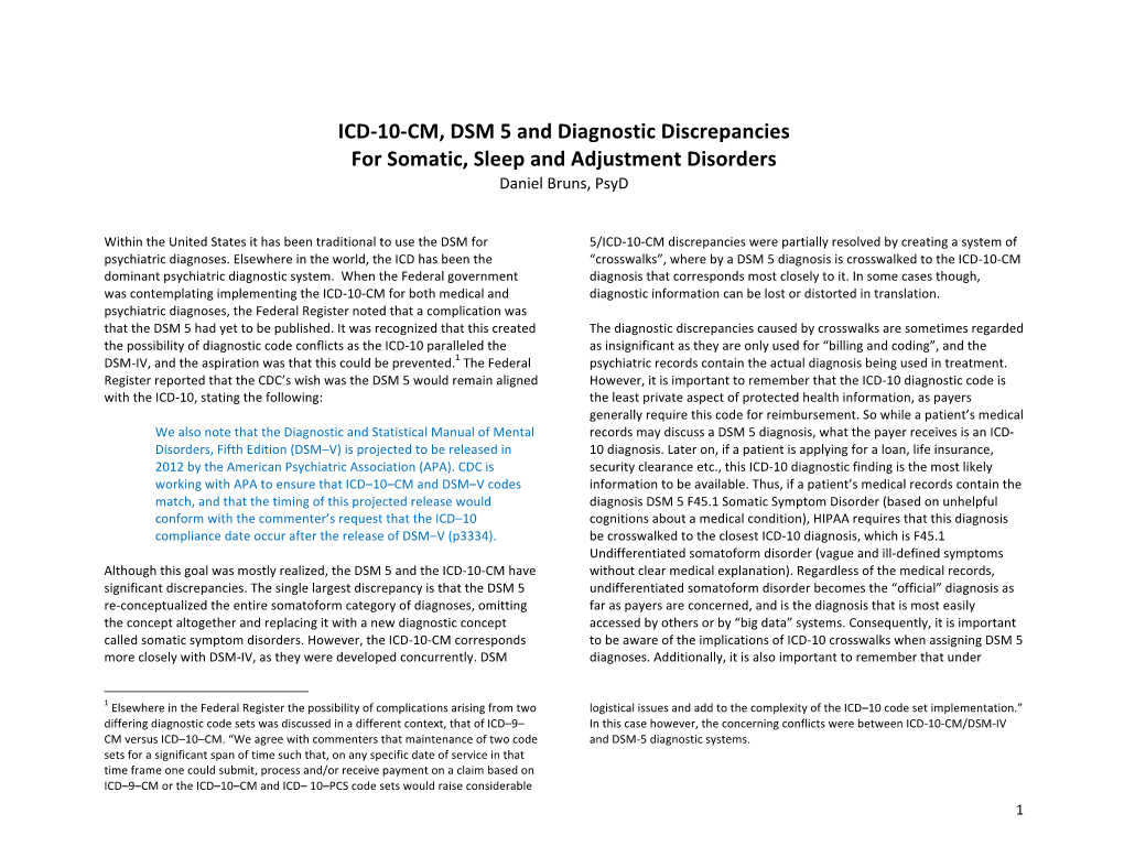 ICD-‐10-‐CM, DSM 5 and Diagnostic Discrepancies for Somatic, Sleep