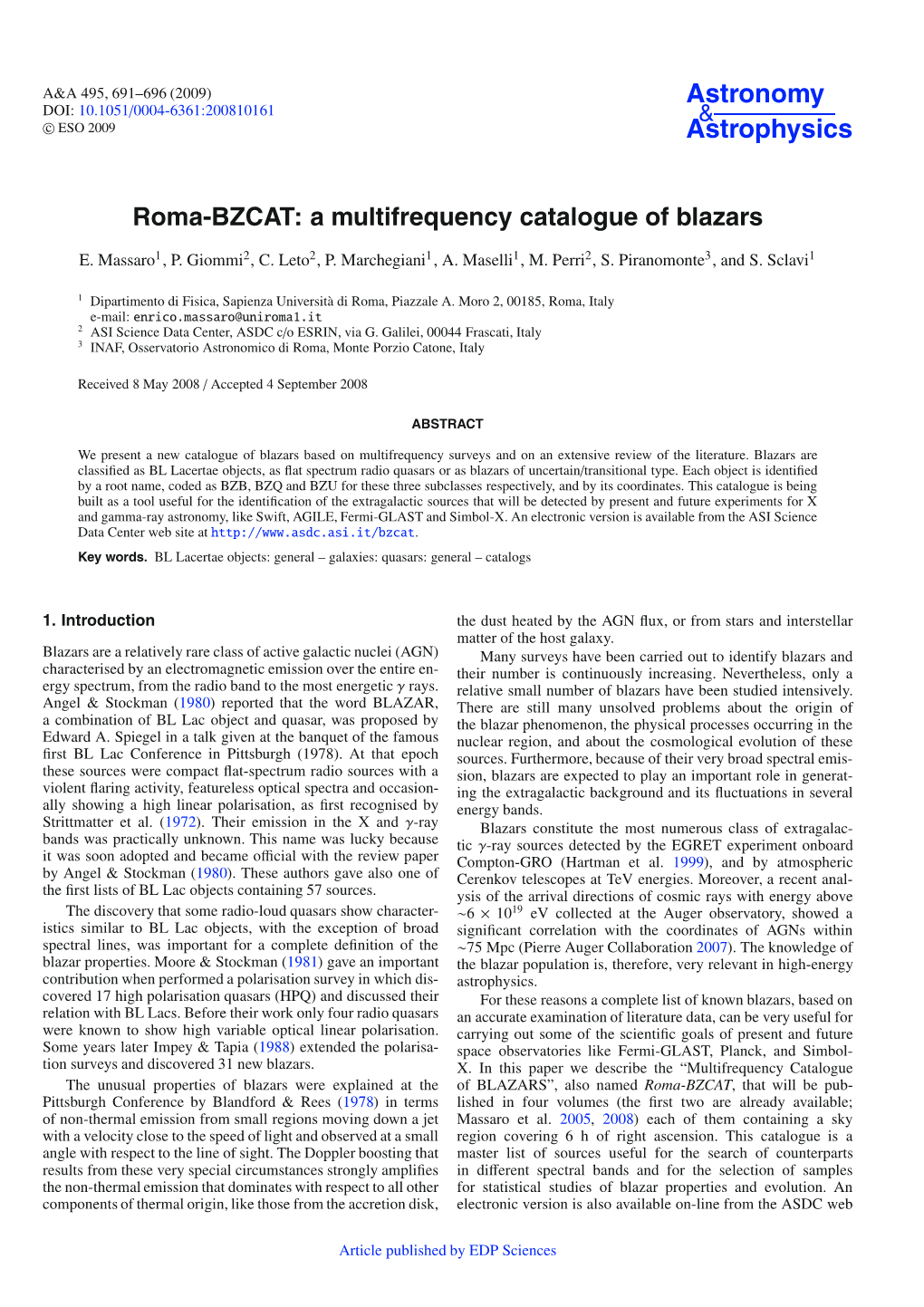 Roma-BZCAT: a Multifrequency Catalogue of Blazars