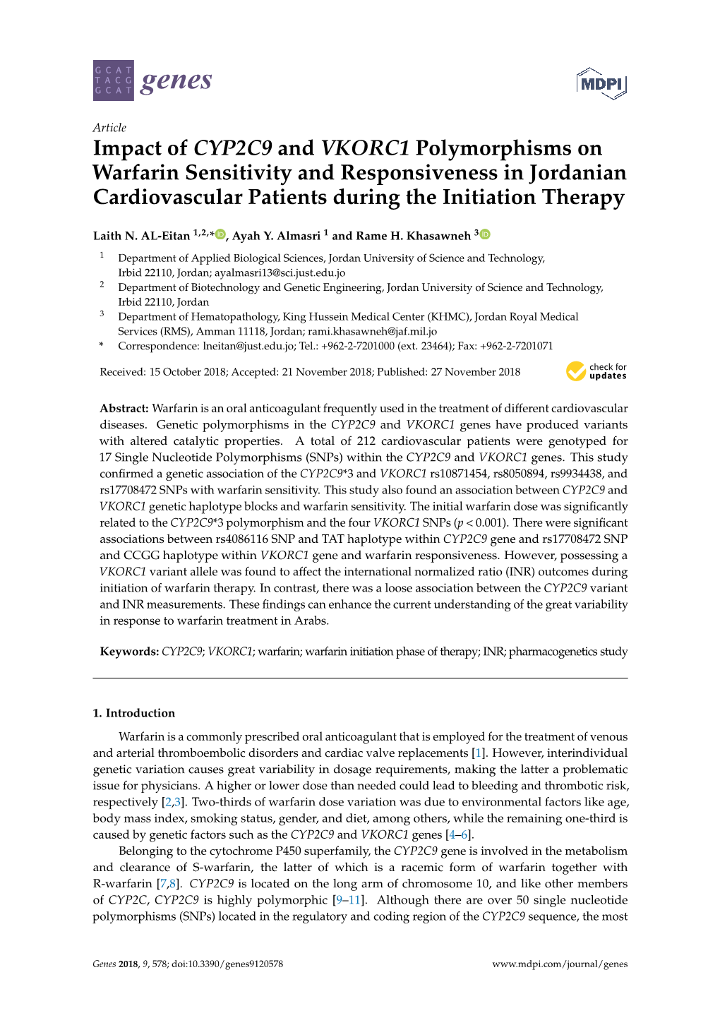 Impact of CYP2C9 and VKORC1 Polymorphisms on Warfarin Sensitivity and Responsiveness in Jordanian Cardiovascular Patients During the Initiation Therapy