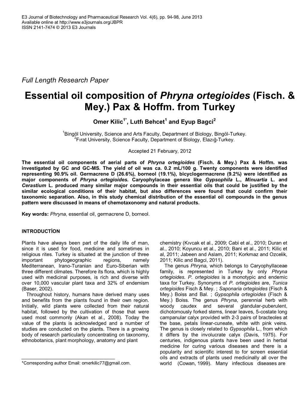 Essential Oil Composition of Phryna Ortegioides (Fisch