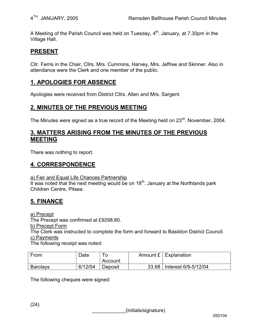 050104 Ramsden Bellhouse Parish Council Minutes 4 TH