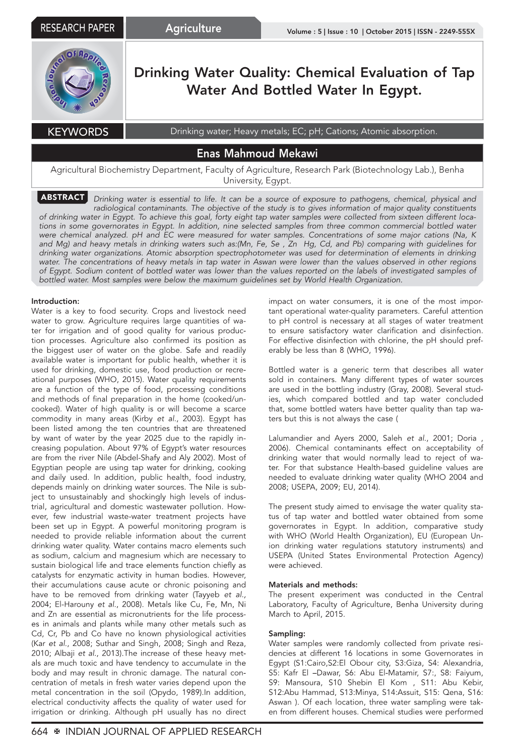 Drinking Water Quality: Chemical Evaluation of Tap Water and Bottled Water in Egypt