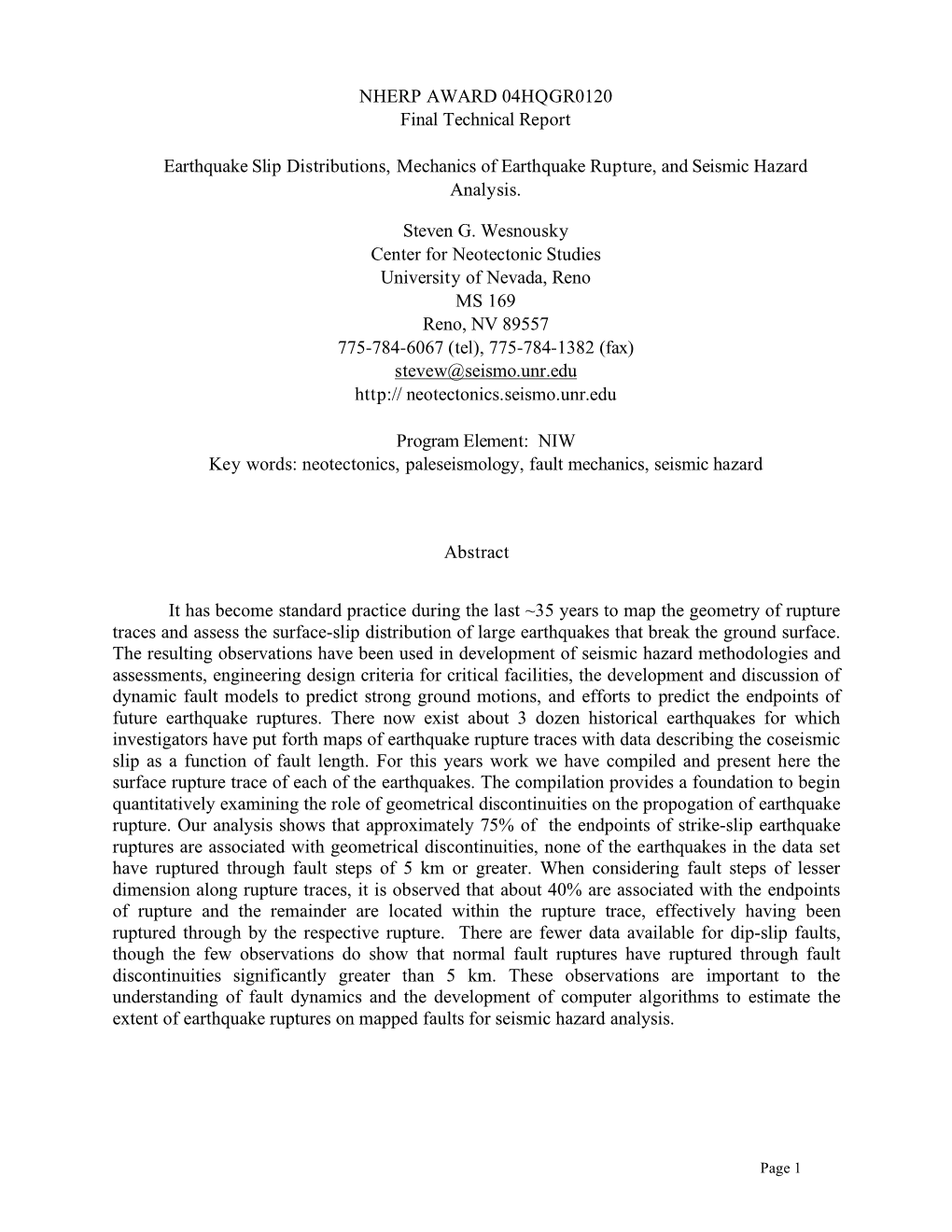 NHERP AWARD 04HQGR0120 Final Technical Report Earthquake Slip