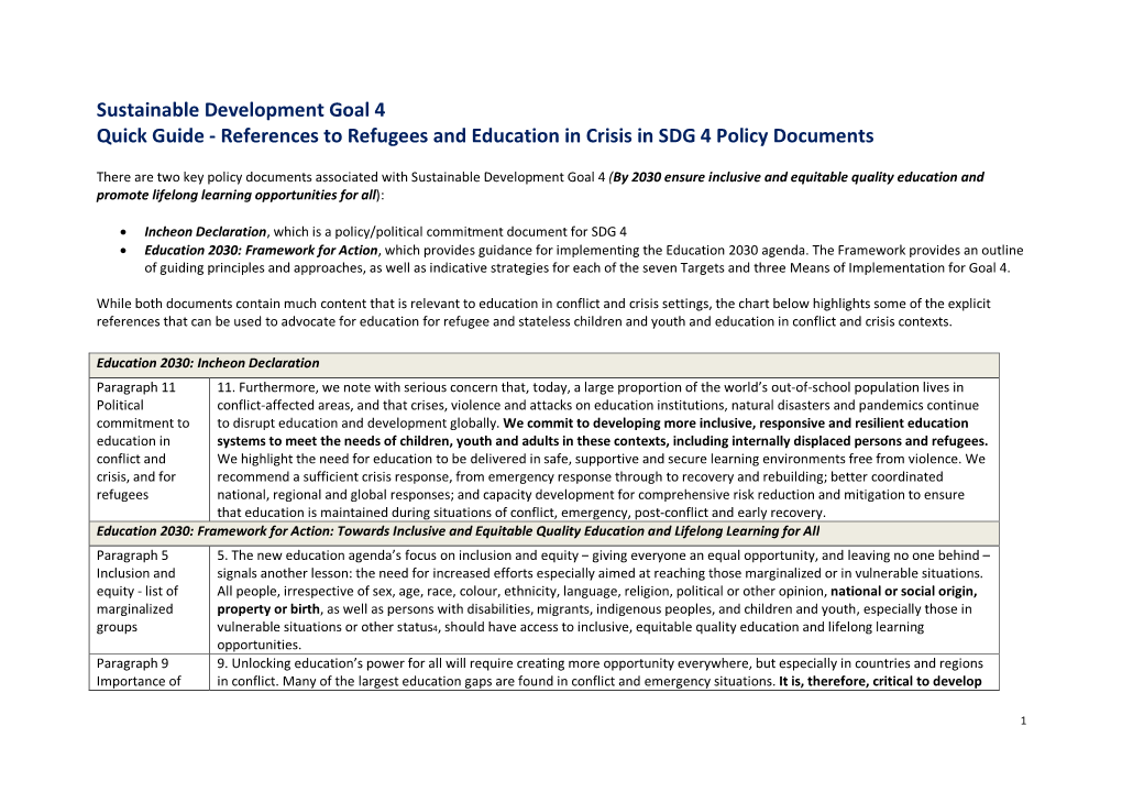 Quick Guide - References to Refugees and Education in Crisis in SDG 4 Policy Documents