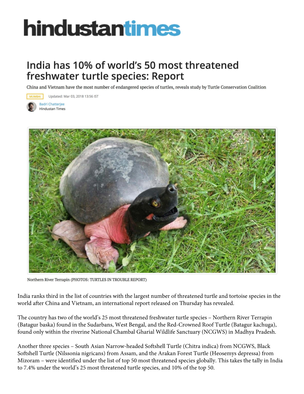 India Ranks Third in the List of Countries with the Largest Number of Threatened Turtle and Tortoise Species in the World After