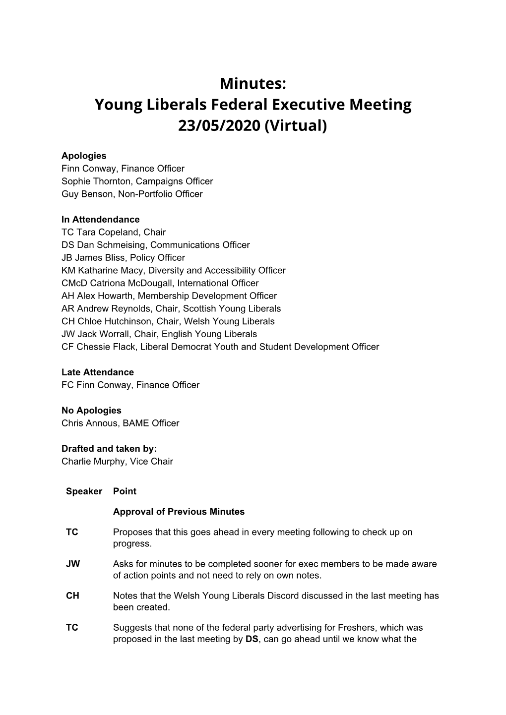 Minutes: Young Liberals Federal Executive Meeting 23/05/2020 (Virtual)