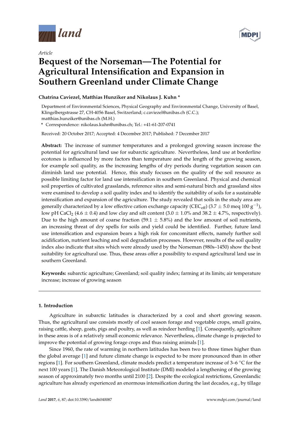 Bequest of the Norseman—The Potential for Agricultural Intensiﬁcation and Expansion in Southern Greenland Under Climate Change