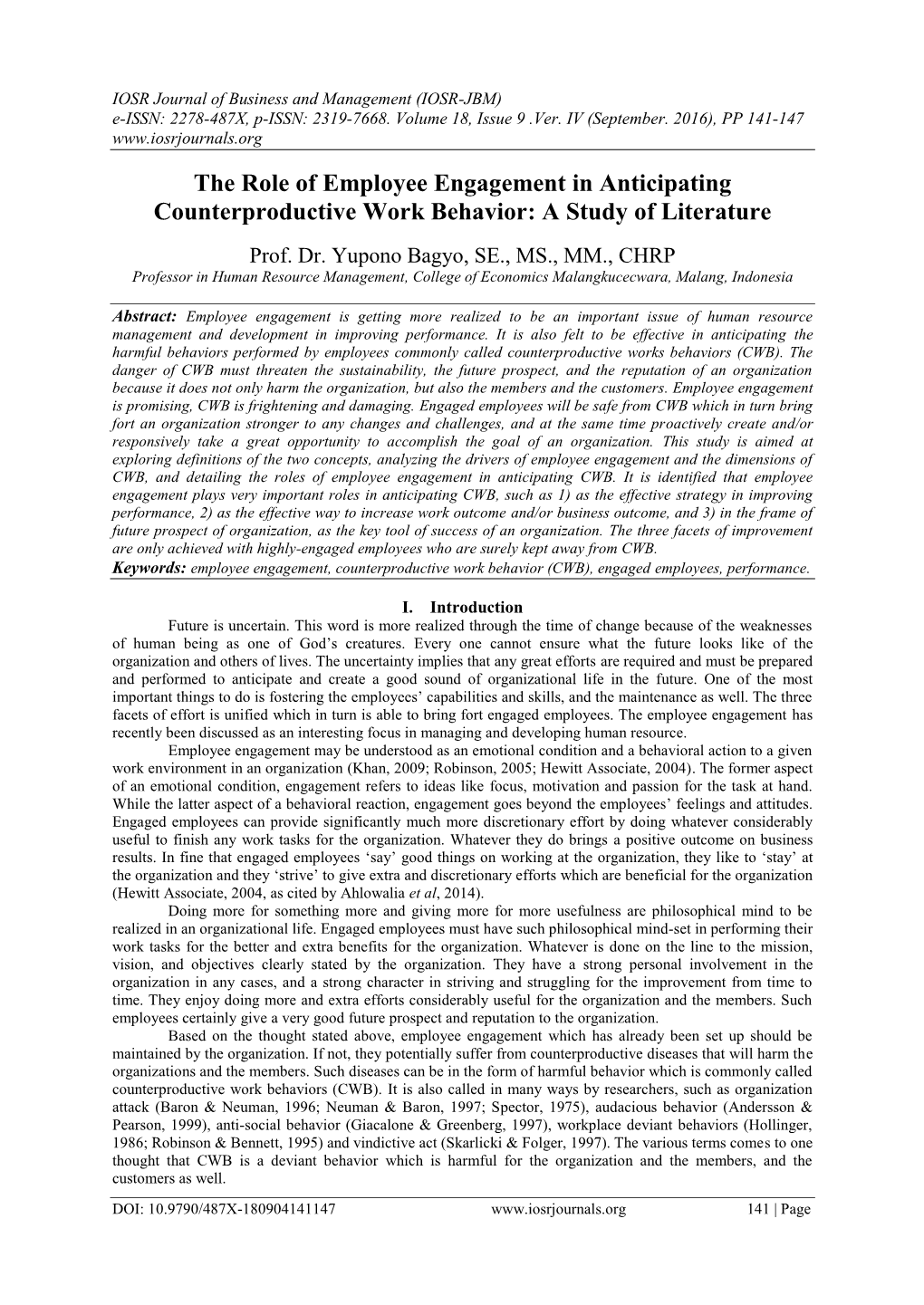 The Role of Employee Engagement in Anticipating Counterproductive Work Behavior: a Study of Literature