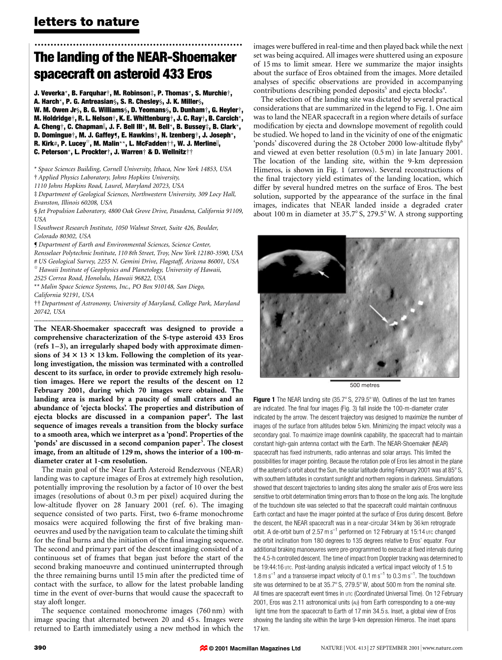 The Landing of the NEAR-Shoemaker Spacecraft on Asteroid 433 Eros