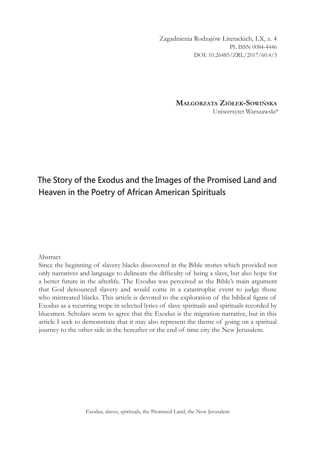 The Story of the Exodus and the Images of the Promised Land and Heaven in the Poetry of African American Spirituals