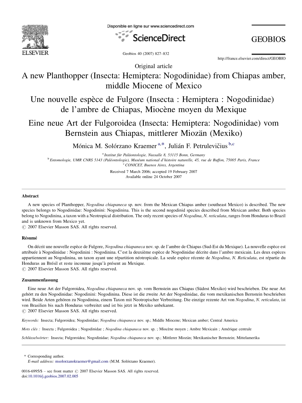 A New Planthopper (Insecta: Hemiptera: Nogodinidae) from Chiapas Amber, Middle Miocene of Mexico Une Nouvelle Espèce De Fulgore