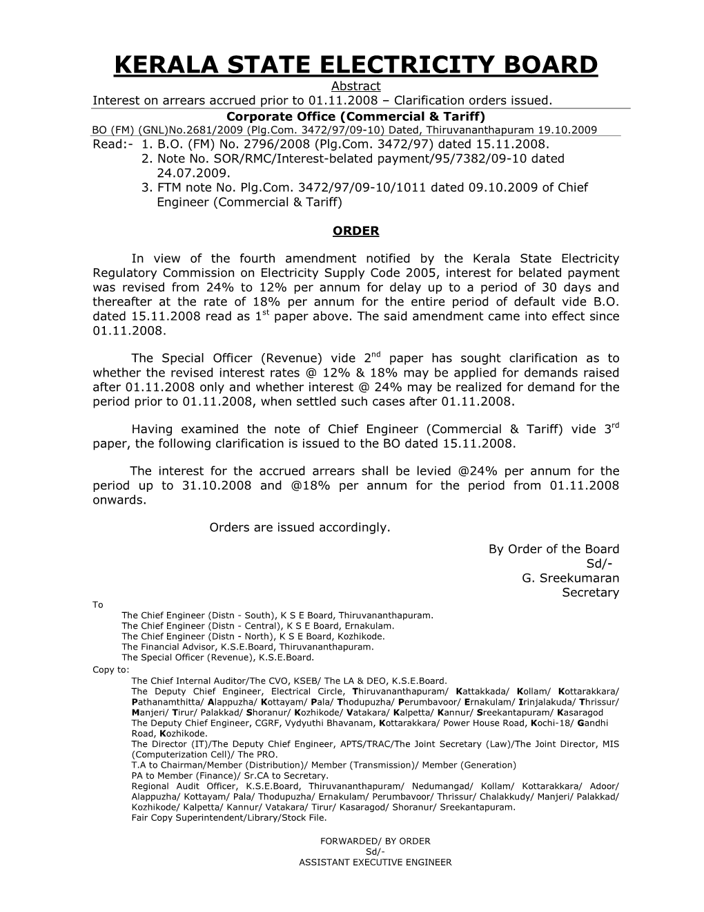 KERALA STATE ELECTRICITY BOARD Abstract Interest on Arrears Accrued Prior to 01.11.2008 – Clarification Orders Issued