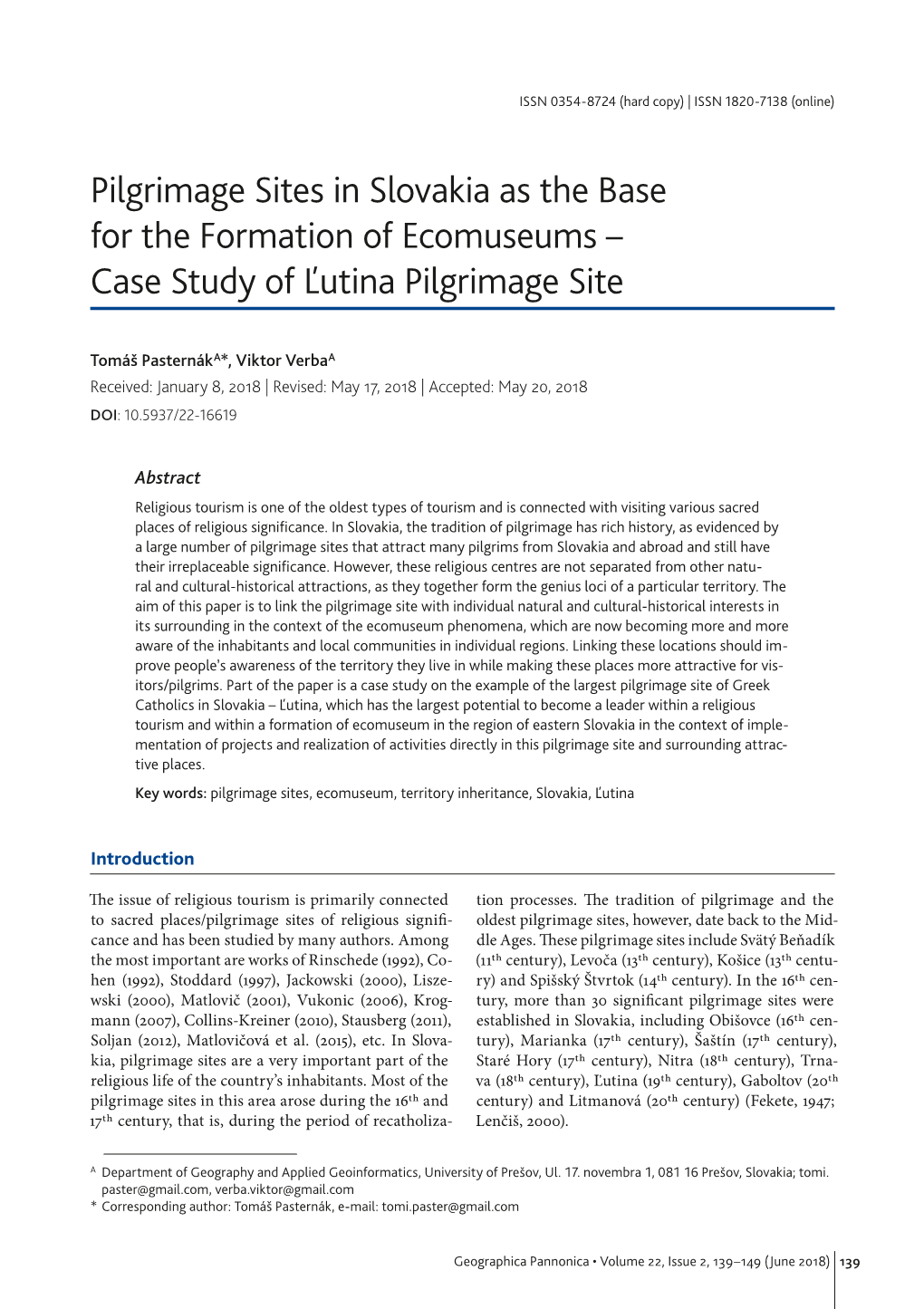 Pilgrimage Sites in Slovakia As the Base for the Formation of Ecomuseums – Case Study of Ľutina Pilgrimage Site