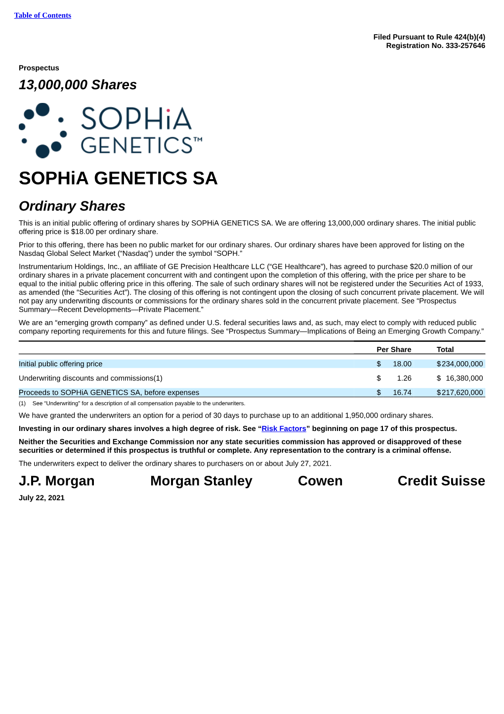 Sophia GENETICS SA Ordinary Shares This Is an Initial Public Offering of Ordinary Shares by Sophia GENETICS SA