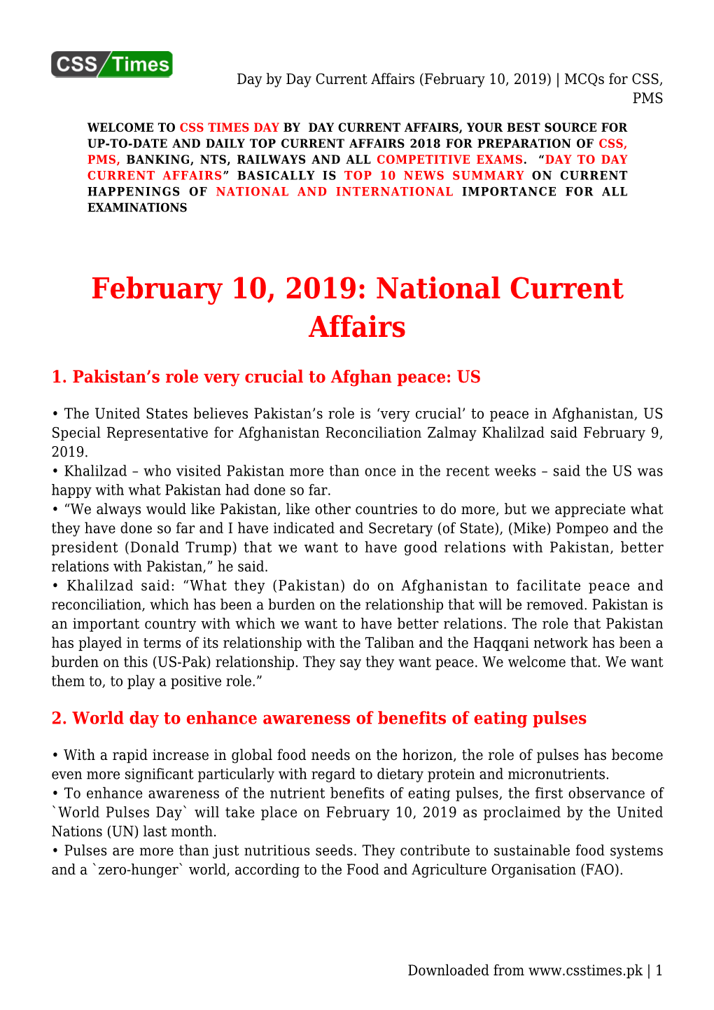 Day by Day Current Affairs (February 10, 2019) | Mcqs for CSS, PMS