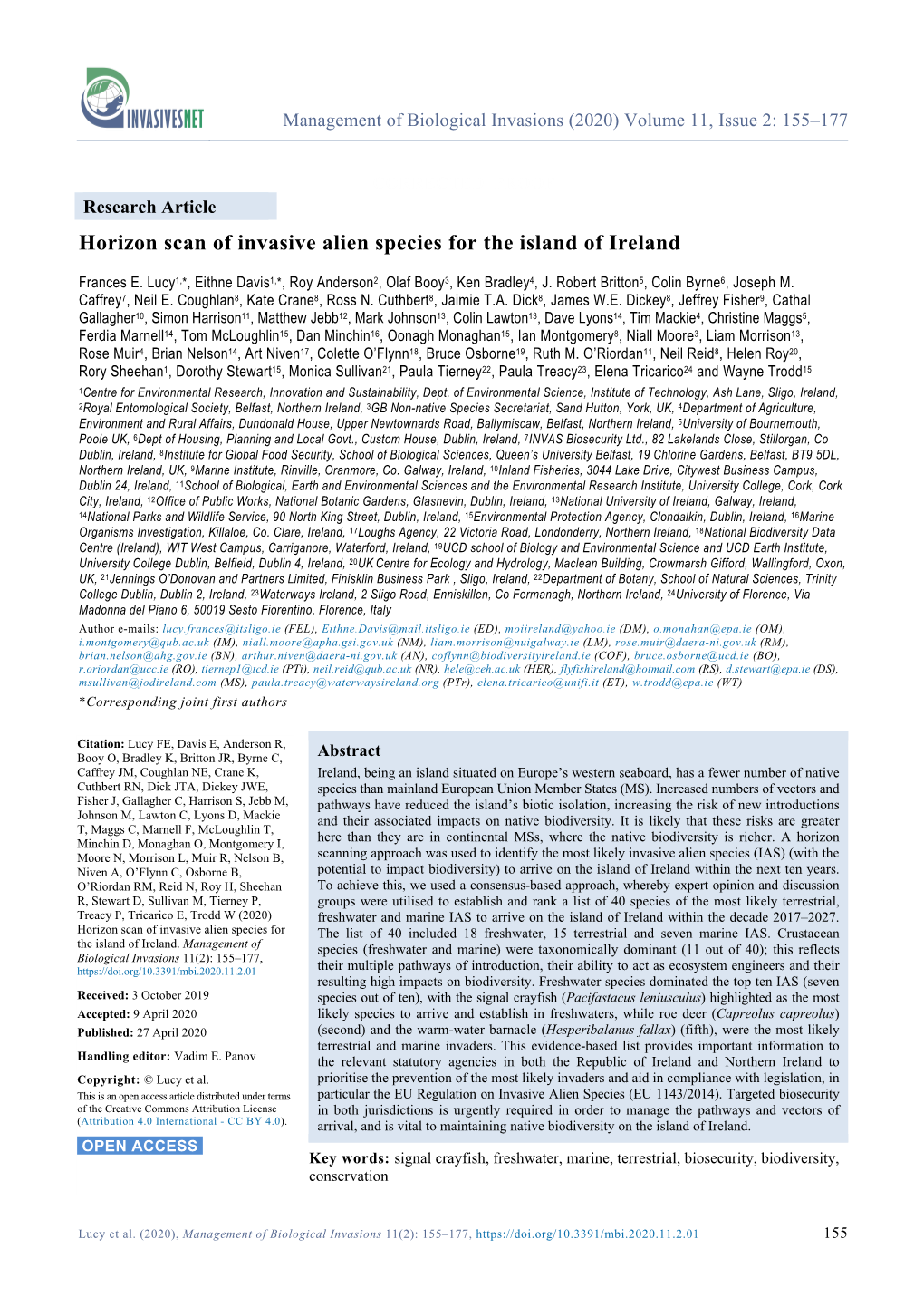 Horizon Scan of Invasive Alien Species for the Island of Ireland