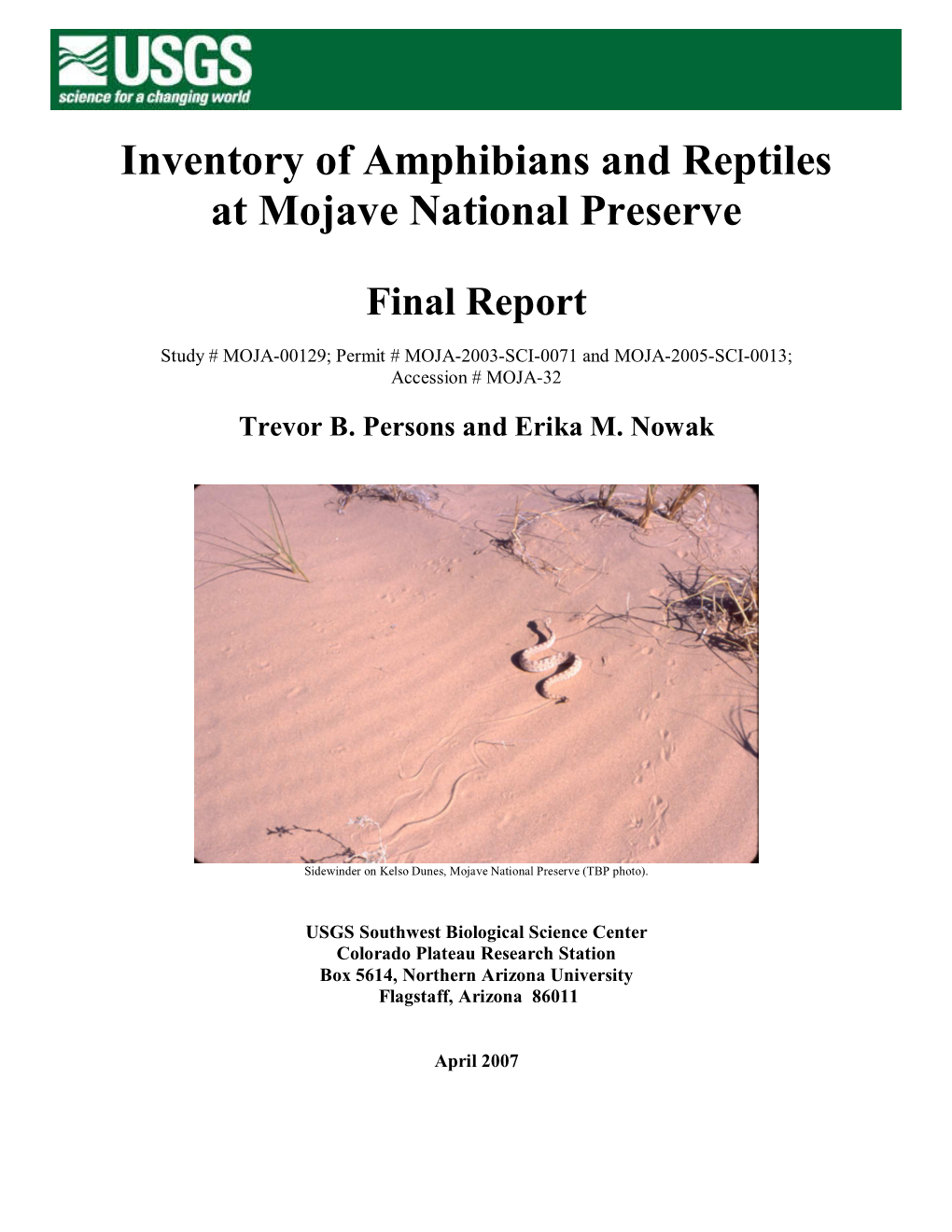 Mojave Preserve Herps Final Report April 2007
