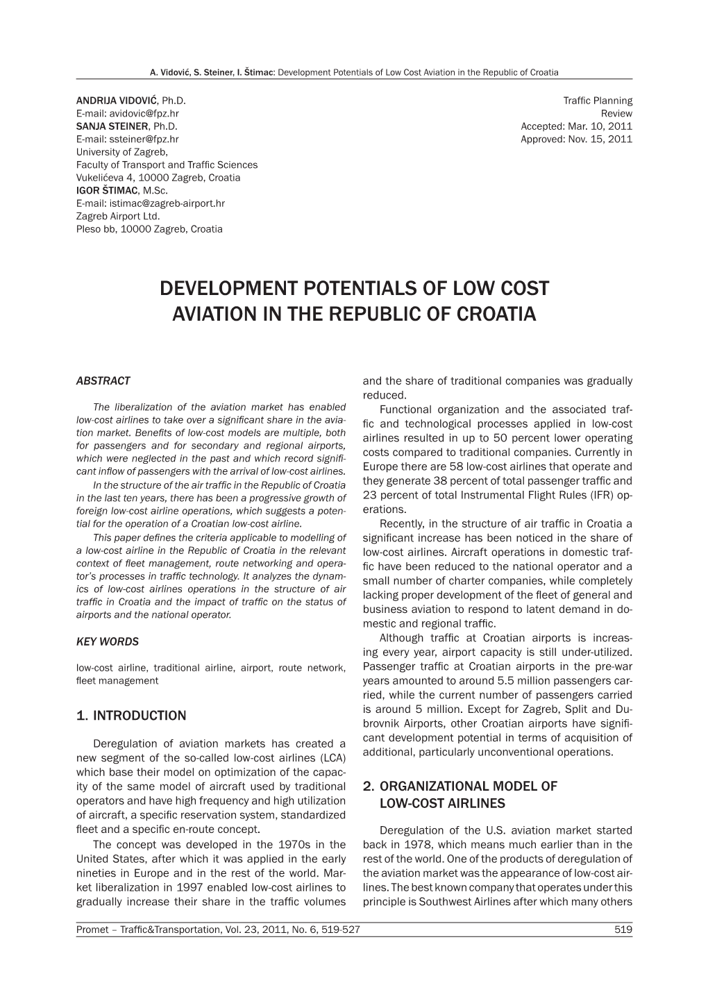 Development Potentials of Low Cost Aviation in the Republic of Croatia